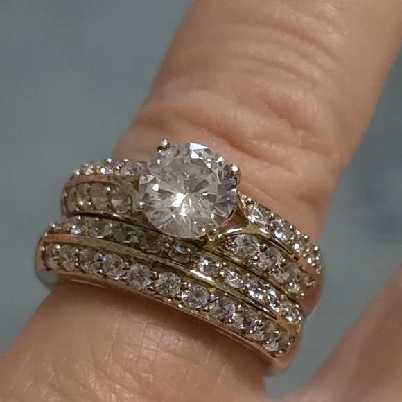 Wedding engagement set Jewelry - 2 CT DIAMOND CZ ENGAGEMENT RING SET SIZE 7 Sterling 925 14K VERMEIL 9.37 GR